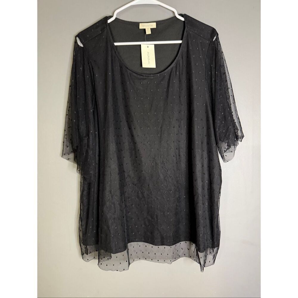 Bloom Chic Black Sheer Dot Short Sleeve Top Size 24 NWT